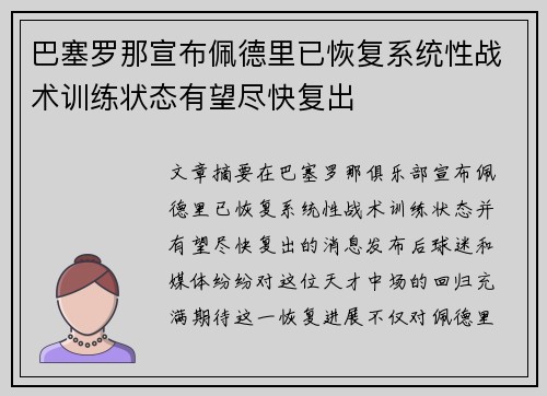 巴塞罗那宣布佩德里已恢复系统性战术训练状态有望尽快复出 巴塞罗那宣布佩德里已恢复系统性战术训练状态有望尽快复出