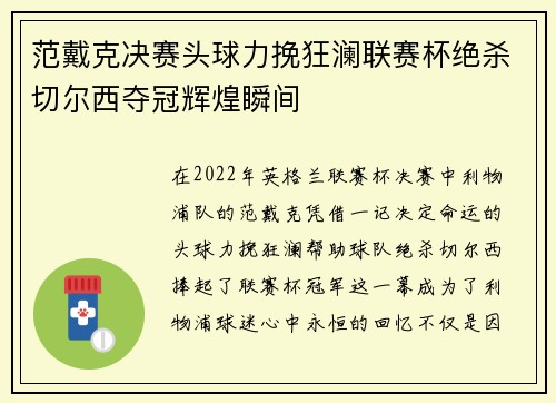 范戴克决赛头球力挽狂澜联赛杯绝杀切尔西夺冠辉煌瞬间